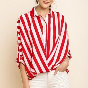 Striped Long Roll Up Dolman Sleeve button Up